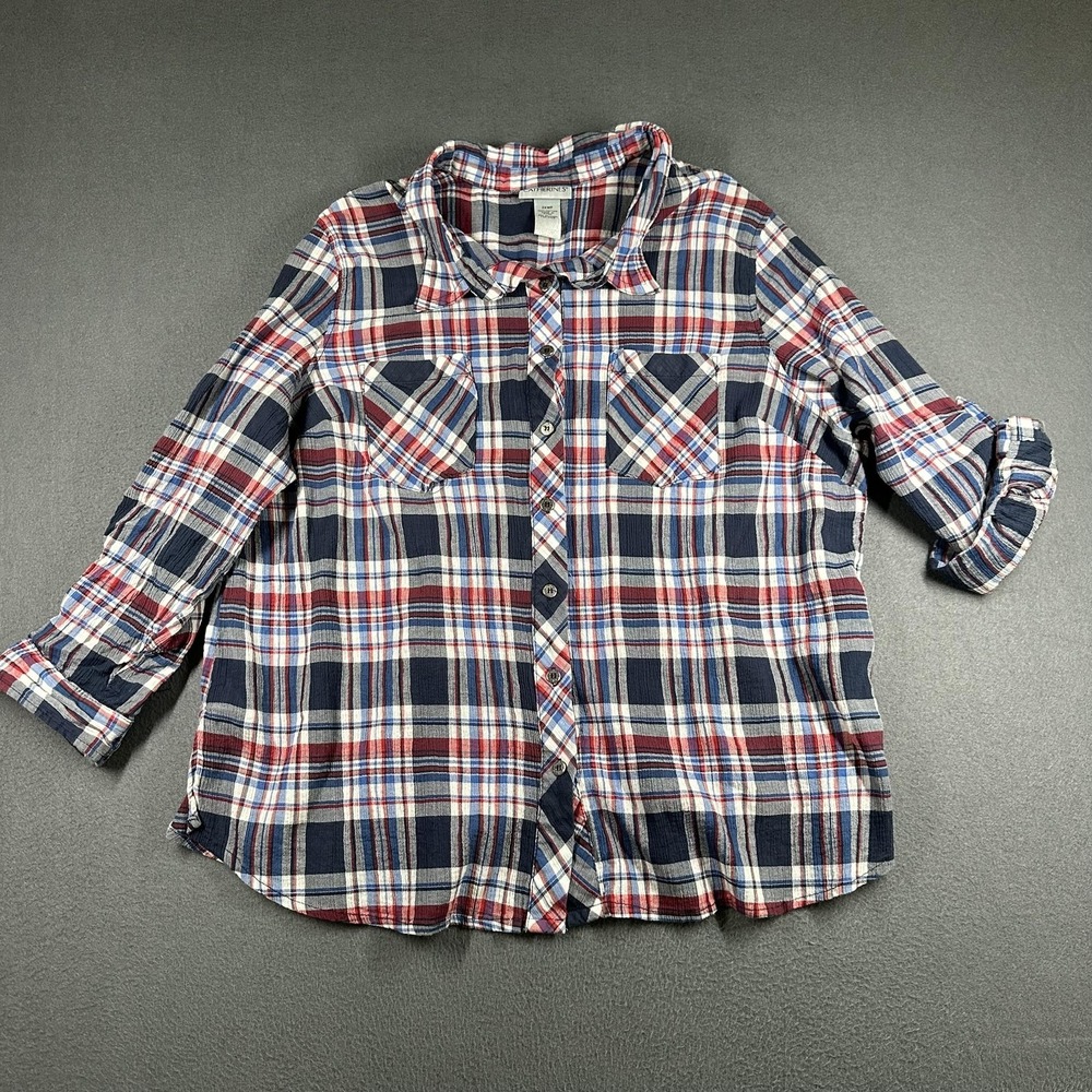 Catherines Shirt Womens 2XWP Blue Red Plaid Button Front Roll Tab Sleeve Cotton